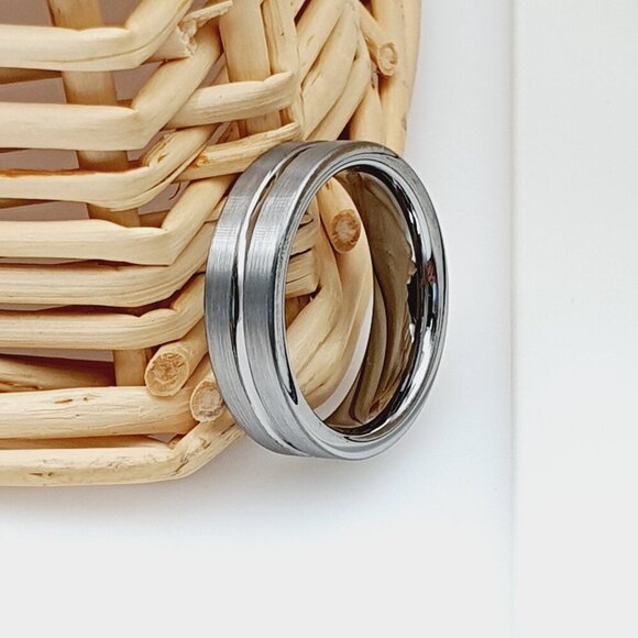 Men's Silver Ring Brushed Ring, Tungsten Wedding Band , GALTUN047-11 - Picture 4 of 5